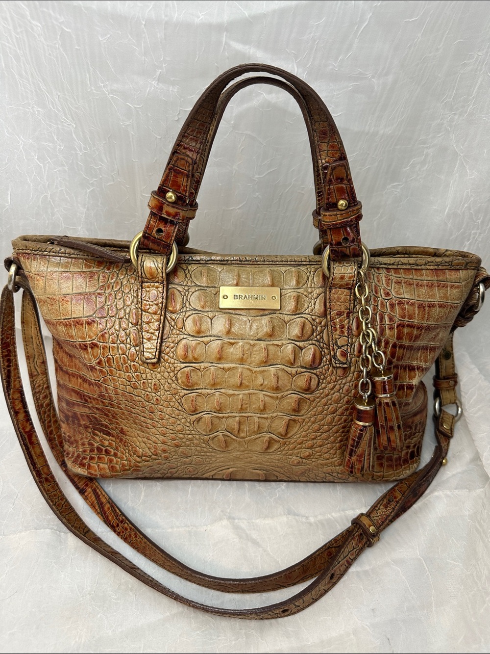 Brahmin Mini Asher Pecan Brown Croc-Embossed Leather Shoulder Bag